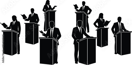 Group of people speaking at podiums in formal business attire black and white