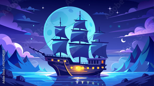 Cartoon ship sailing under the moonlight