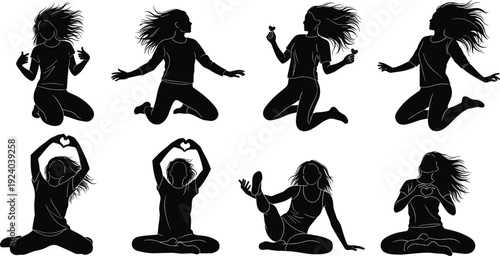 Black silhouettes of women in various yoga poses and gestures on white background