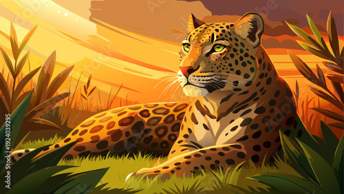 Leopard resting in the tall grass field