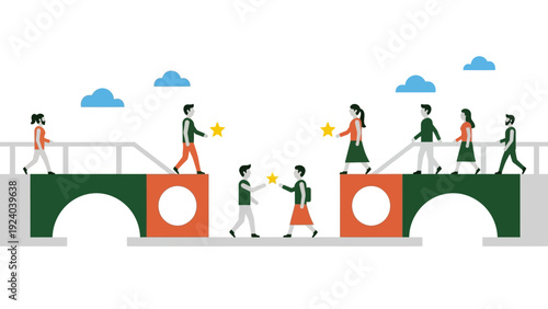 People on bridges connect and collaborate, exchanging stars to symbolize shared goals and collective achievement in a supportive community network