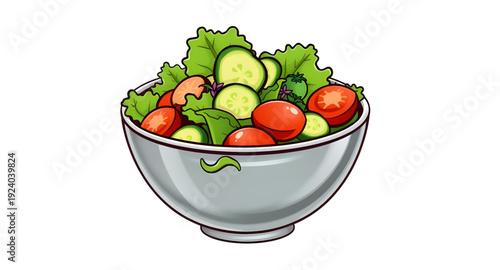 salad, bowl, cartoon, illustration, food, healthy, fresh, vegetables, greens, lettuce, tomato, cucumber, radish, meal, diet, nutrition, vegan, vegetarian, organic, natural, lunch, dinner, cuisine, coo