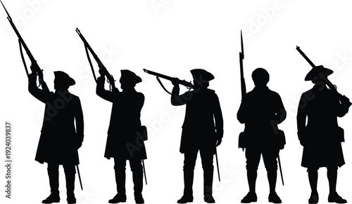 Silhouette of five soldiers in historical military uniforms holding rifles in a row