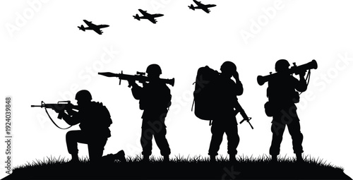Silhouette of four soldiers with rifles and backpacks standing on grass with three planes flying above