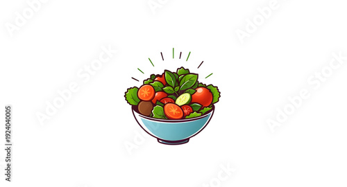 salad, bowl, cartoon, illustration, food, healthy, fresh, vegetables, greens, lettuce, tomato, cucumber, pepper, meal, diet, nutrition, vegan, vegetarian, organic, natural, lunch, dinner, cuisine, coo