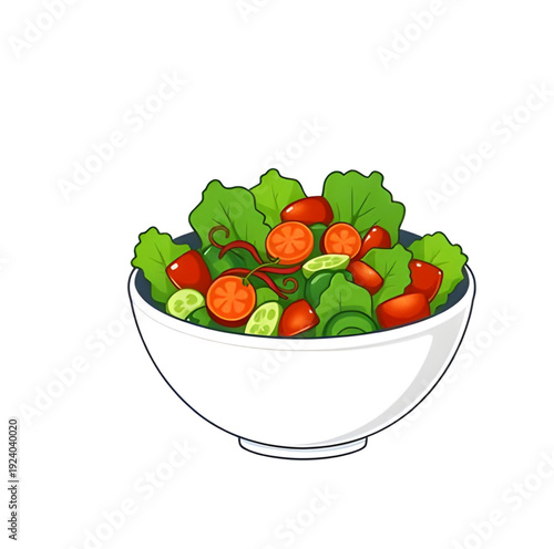 salad, bowl, cartoon, illustration, food, healthy, fresh, vegetables, greens, lettuce, tomato, cucumber, pepper, meal, diet, nutrition, vegan, vegetarian, organic, natural, lunch, dinner, cuisine, coo
