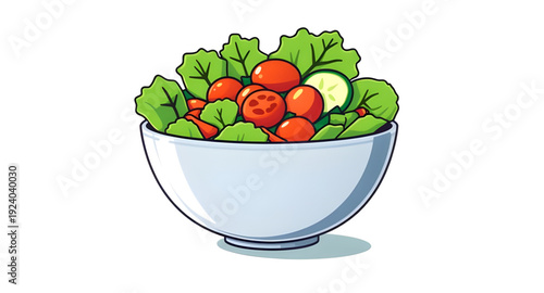 salad, bowl, cartoon, illustration, food, healthy, fresh, vegetables, greens, lettuce, tomato, cucumber, pepper, meal, diet, nutrition, vegan, vegetarian, organic, natural, lunch, dinner, cuisine, coo