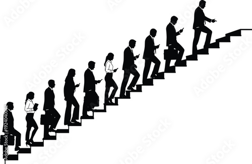 Silhouette of people climbing stairs while using smartphones in a linear progression