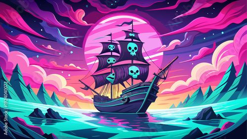 Pirate ship sailing under a pink sunset