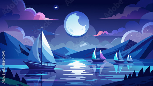 Sailboats under moonlight night landscape