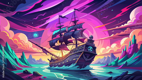 Pirate ship sailing on colorful waterscape