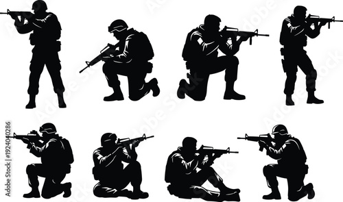 Silhouette Soldiers Aiming Rifles in Various Combat Positions