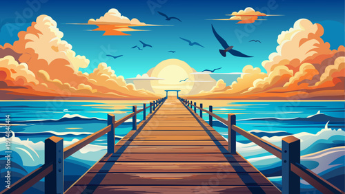 Sunset over ocean with wooden pier view