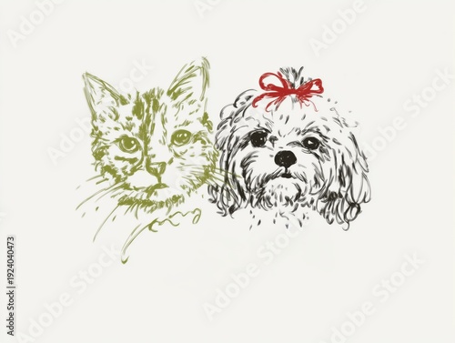 Hand-drawn puppy and kitten illustration with small floral accents in vintage sketch style, suitable for pet shop branding, veterinary marketing, animal rescue campaigns, kids prints and stationery