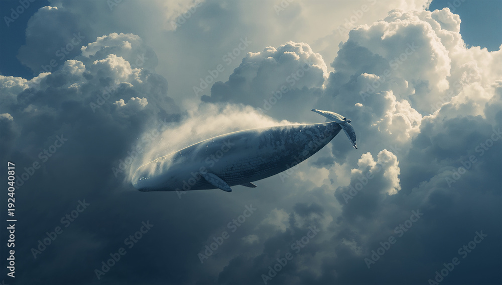 Fototapeta premium 雲の海を渡るクジラで軽やかな夢と驚きを描く