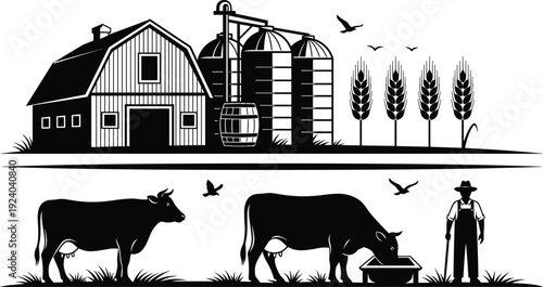 Black and white farm illustration, barn with silos, cows and farmer scene, agricultural life drawing, rural landscape artwork, livestock and crop design