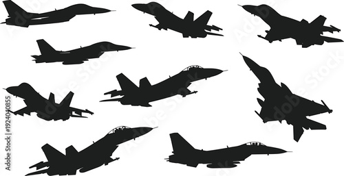 Silhouettes of various military fighter jets in black against a white background military aircraft jet silhouette