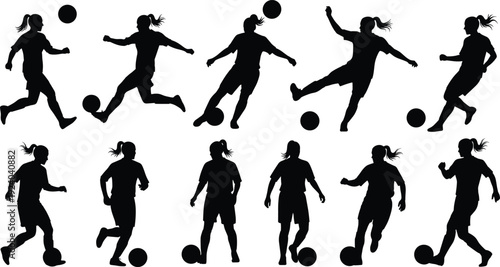 Silhouettes of Women Playing Soccer with Balls in Various Actions soccer players black silhouettes sports