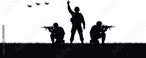 Three Soldiers Silhouettes with Rifles and Airplanes in Background Military Action soldier silhouette