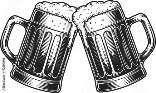 Black and white illustration of clinking beer mugs with foam, vintage retro artwork symbolizing celebration, friendship, social gathering, pub drinking concept