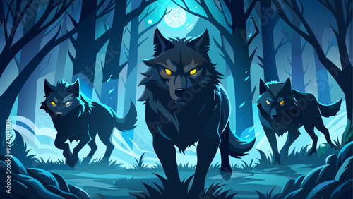 Three wolves prowling through dark forest