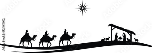 Three Wise Men on Camels Approaching Nativity Scene with Star in Night Sky