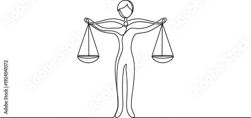 Woman holding balance scales symbolizing justice and equality in a simple line simple