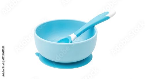 Photo-realistic blue silicone baby feeding set with suction bowl and spoon for infants, isolated on black background.