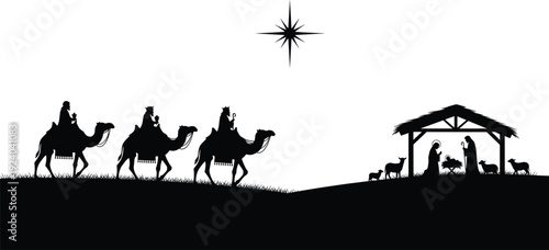 Three Wise Men on Camels Approaching Nativity Scene with Star of Bethlehem Christmas Silhouette