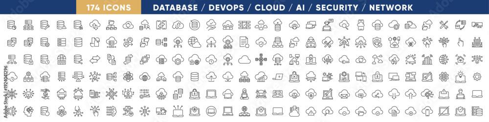 Fototapeta premium Technology Mega Line Icon Set – Database, DevOps, Cloud Computing, AI, Security and Network Outline Collection