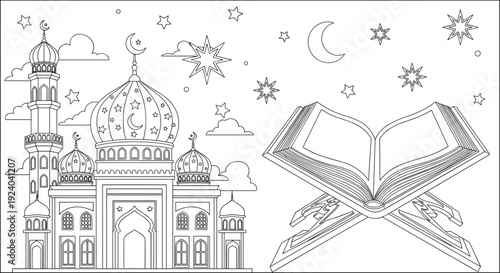 Black and white Islamic illustration with mosque domes, minarets, Quran on stand, crescent moons and stars, religious artwork for cultural and spiritual concept