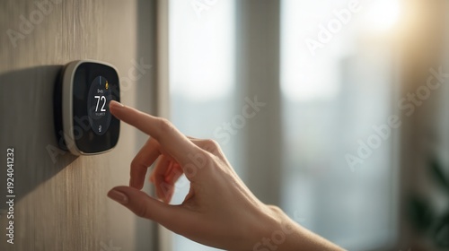 close-up of a person adjusting a modern smart thermostat with digital temperature displa
