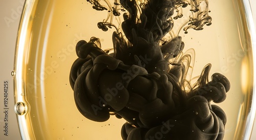 Black ink cloud in glass jar with liquid