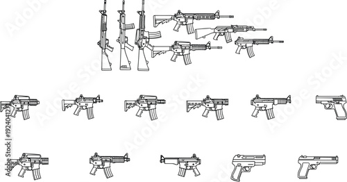 Black and white line drawing collection of rifles, pistols, submachine guns, firearm outlines for identification, weapon comparison illustration, military concept artwork