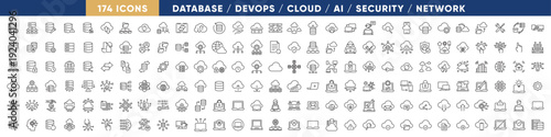 Technology Mega Line Icon Set – Database, DevOps, Cloud Computing, AI, Security and Network Outline Collection