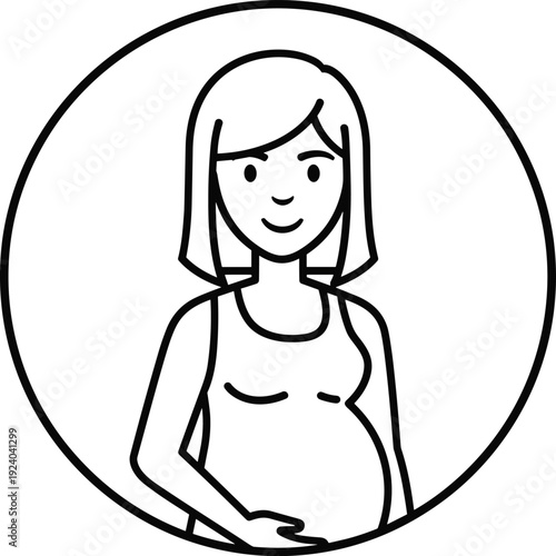 Black and white line drawing of pregnant woman, maternal health concept illustration, expecting mother silhouette inside circular border, medical educational artwork