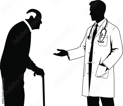 Black and white medical professional helping elderly person, healthcare support illustration, doctor with stethoscope silhouette, senior patient care concept, compassion and assistance vector