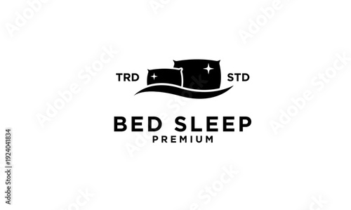 Bed Sleep Premium Logo Design with Comfortable Pillows and Sparkling Stars on White Background