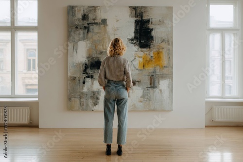 Woman with curly hair wearing striped shirt and jeans standing in bright gallery room looking at large abstract painting on white wall between two windows.