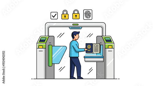 Person using a modern secure ATM with card and document access at a gated facility