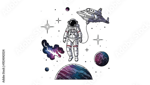 Astronaut Floating in Space with Spaceship and Planets