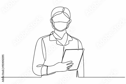 Line art illustration of a healthcare worker wearing a mask and holding a tablet