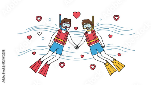 Two snorkelers holding hands underwater with hearts and waves