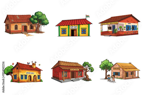 Collection of Cartoon Village School Buildings in Rural Indian Style 2D Vector (4)