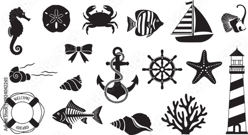 black nautical icons on white background