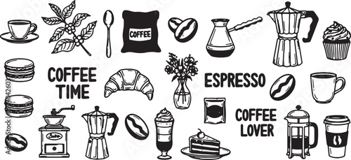 coffee and dessert icons and text on white background