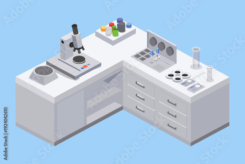 Isometric illustration of a modern scientific laboratory workspace setup