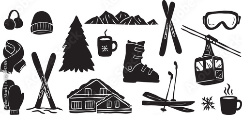 black silhouettes of winter sports equipment and scenery