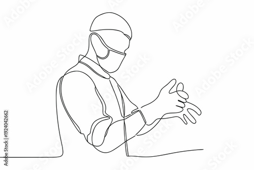 Line drawing of a doctor wearing a mask and gloves