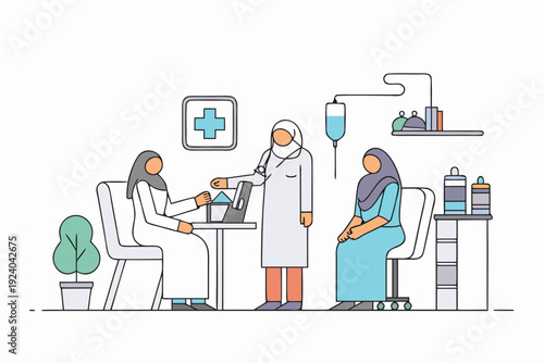 Healthcare scene a doctor attends to patients in a clinic setting